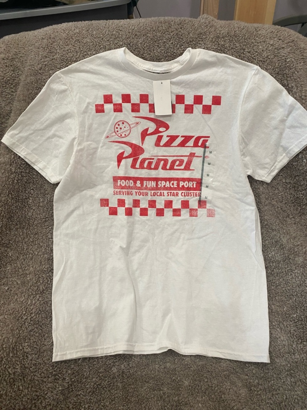Disney White T-Shirt with Red Pizza Planet Logo